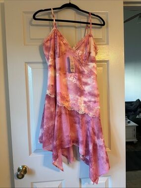 wild fable Pink Tie-Dye Lace-Trim Asymmetrical Slip Dress